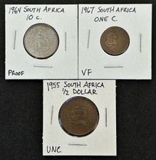 Lot of 3 South Africa Coins 1964 10c .500 Silver Proof - 1955 1/2 Penny 1967 1c