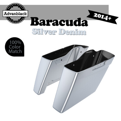 Barracuda Silver Denim Dual Uncut Extended Stretched Saddlebag For Harley 2014+