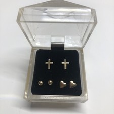 14k Yellow Gold 3 Pairs Stud Earrings Cross, Heart, Ball New