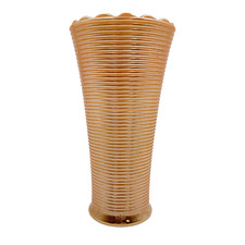 Vintage Peach Luster Fire King Milk Glass Vase With Ribbed Design Scalloped Edge
