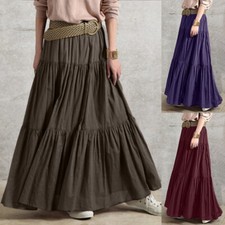 Women Pleated Skirt Maxi Vintage Casual Loose Ruffle Long Swing Dress Plus Size