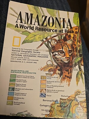 1992 August AMAZONIA WORLD RESOURCE AT RISK AMAZON National Geographic Map NEW