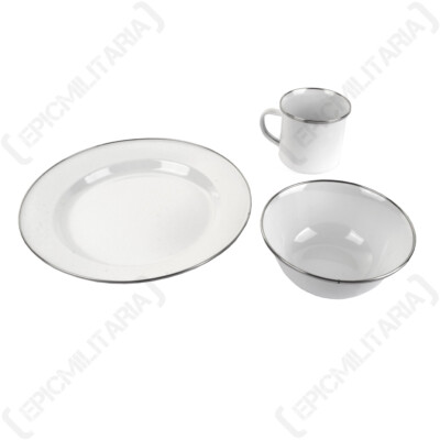 Weiß Emaille Teller Schüssel Tasse Geschirrset - Camping Wandern Picknick Essen Becher LFGB