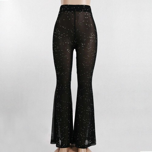 Womens Glitter Trousers Sheer Sequin 