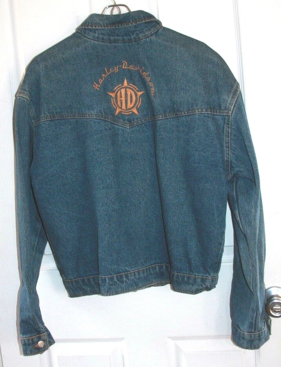 Harley Davidson Embroidered Blue Jean Jacket XS Zippered Buttons