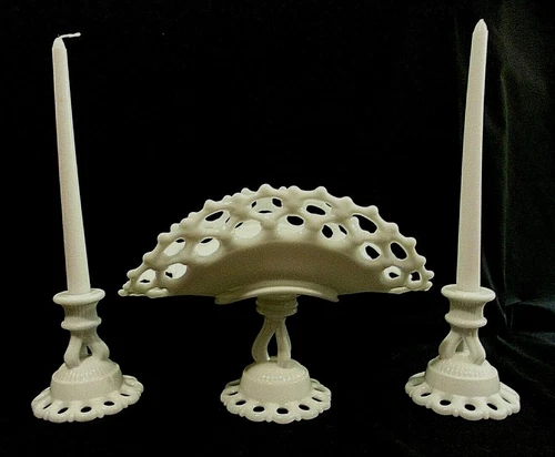 VINTAGE MILK GLASS FRUIT/DISPLAY BOWL w/2 Matching CANDLESTICK HOLDERS + Candles