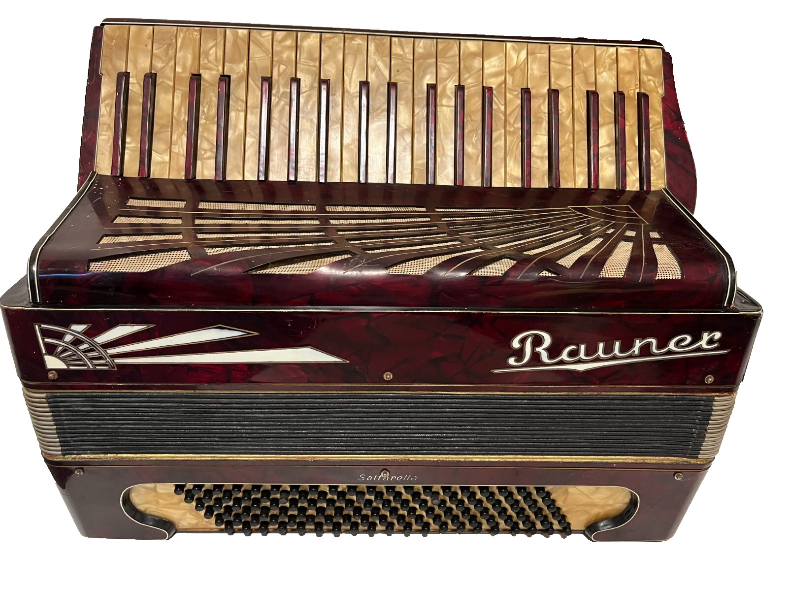Vintage Rauner Saltarella Accordion, 120 Bass, Marbled Red Working Needs Service