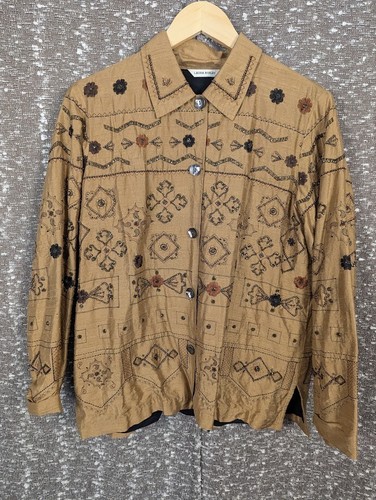 Vintage Laura Ashley Brown Embroidered Beads Silk Lined Jacket Women's Medium