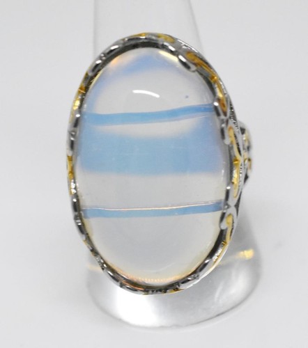 Women's HUGE Cabochon Moonstone Glass Two-Tone 316L Stainless St.Ring Size 9.25 - Picture 2 of 6
