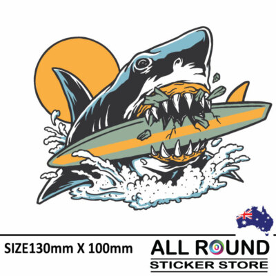 SHARK WITH SURF BOARD STICKER CAR DECAL , SKATEBOARD, SURF , WINDOW , LAPTOP FRI