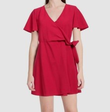 $752 Red Valentino Women Red V-Neck Flutter Sleeve Faux Wrap Dress Size IT42/US6