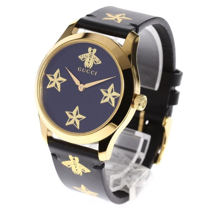 [UNUSED] Gucci 126.4 G Timeless Bee YA1264055 Qz Leather Black Star Watch JAPAN