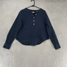 Faherty Shirt Womens Small Navy Blue Long Sleeve Gauze Henley Boxy Dream Popover