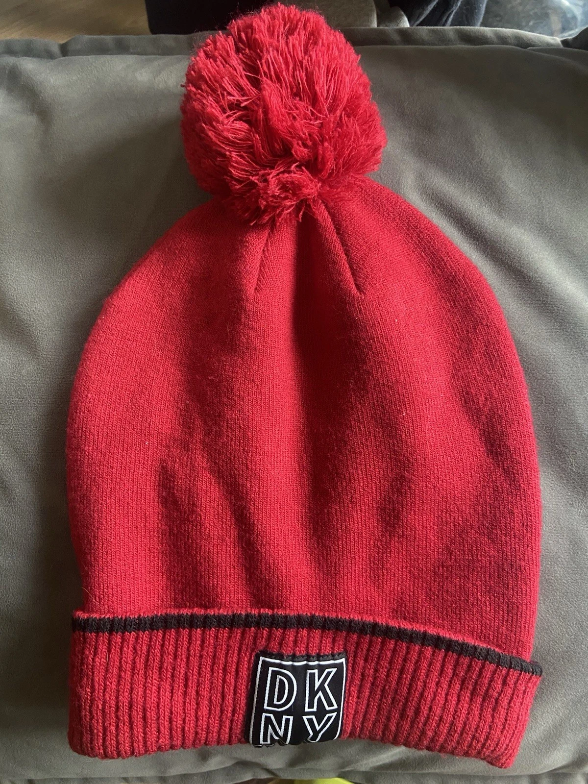DKNY Beanie Red Hat Acrylic Blend One Size Winter Rib Trim RRP £55 Signature