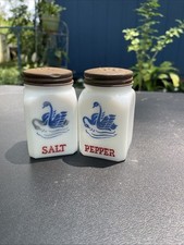 Vintage McKee Blue Swans Salt & Pepper Shakers White Milk Glass Made in USA