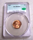 Vintage Slabbed 1951 1C Lincoln Wheat Cent Graded Penny CAC MS 64 RD