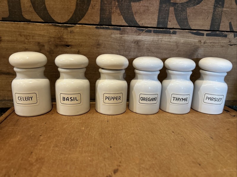 Lot of 6 Vintage 80s White Ceramic Spice Jars with Labels Apothecary Bubble Top