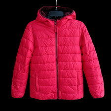 Lands' End Girls Quilted Puffy Jacket Hooded Faux Fur Lining Red Size XL