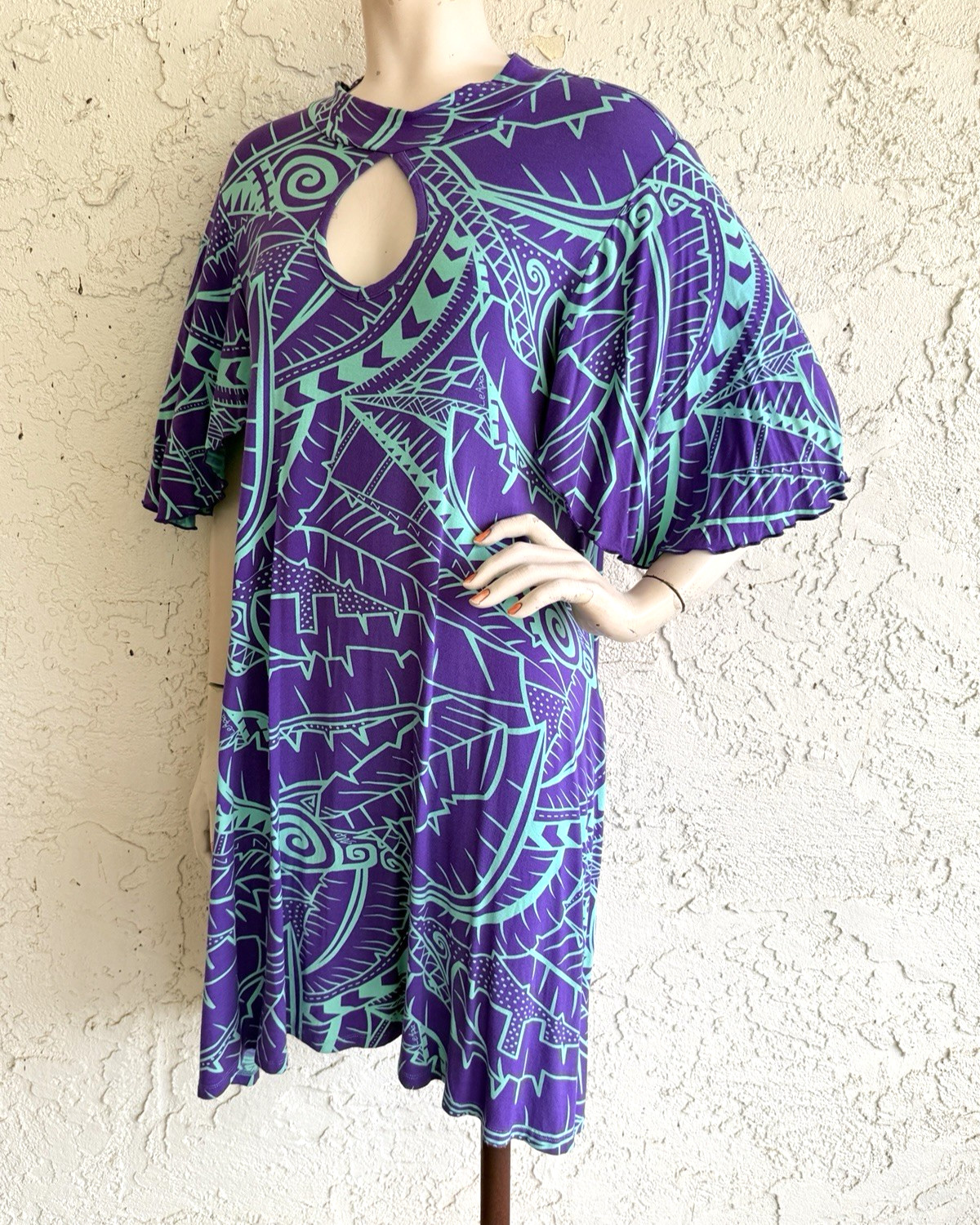 MISSING POLYNESIA Dress Purple Hawaiian Aloha Art Print Jersey Tunic Size 2 L XL