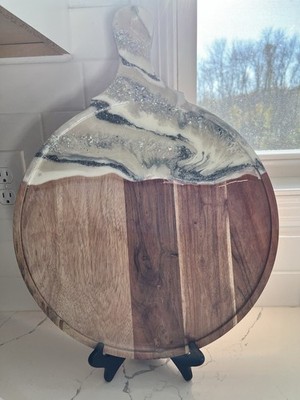 Wood Cutting Board With Resin Cream And Silver Accent Marble Look. ￼