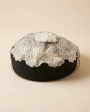 Vintage Black White Floral Pillbox Hat with Birdcage Veil 1960s Cocktail