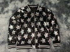 Silver Black Sparkly Iconic Stars Sequin Bomber Baseball Jacket SZ 12 Medium
