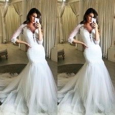 Gorgeous Wedding Dresses Mermaid V  Neck Lace Long Sleeves Romantic Bridal Gowns