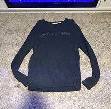 DKNY Jeans Women's Black Rib-Knit Logo Crew Neck Long Sleeve Sweater S
