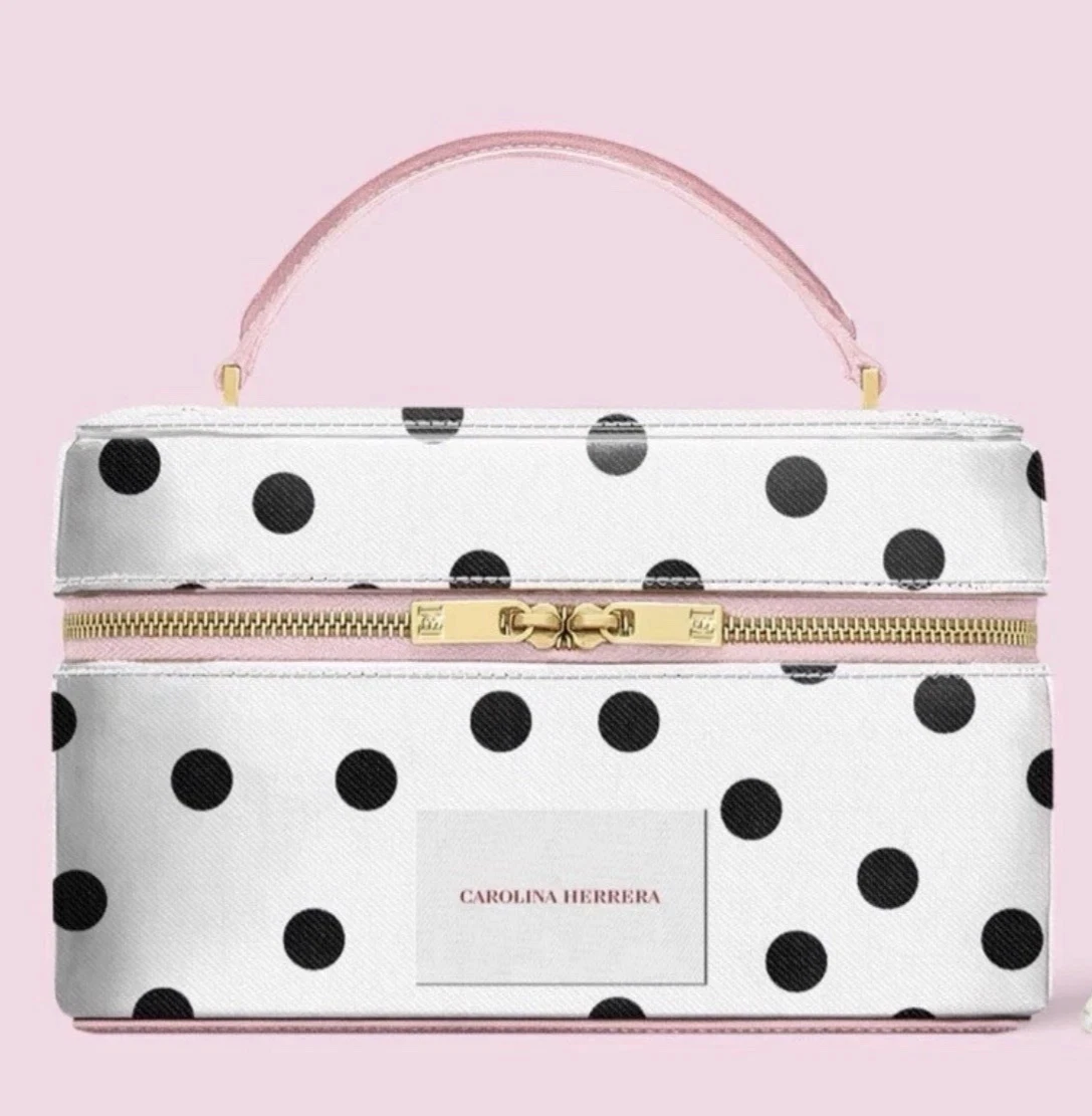 CAROLINA HERRERA Makeup Vanity Case Polka Dot Pouch Cosmetic Bag w/ Handle NEW