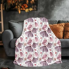 Purple Floral Printed Velveteen Plush Blanket Cozy Botanical Decor