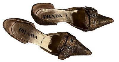 PRADA D'Orsay Kitten Heels Metallic Brocade Lg Silver Buckle