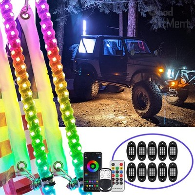 10X RGB LED Rock Lights+2X 3FT Lighted Spiral LED Whip Antenna For Jeep Wrangler