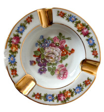 GOUT DE VILLE  4” Floral Ashtray Gold Tone Trim Hand Painted LIMOGES FRANCE