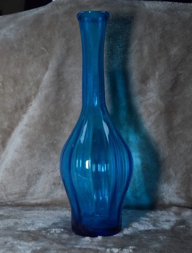 Vintage Clear Peacock Blue Glass Blenko Ribbed Optic Bud Vase 64D Hand Blown MCM