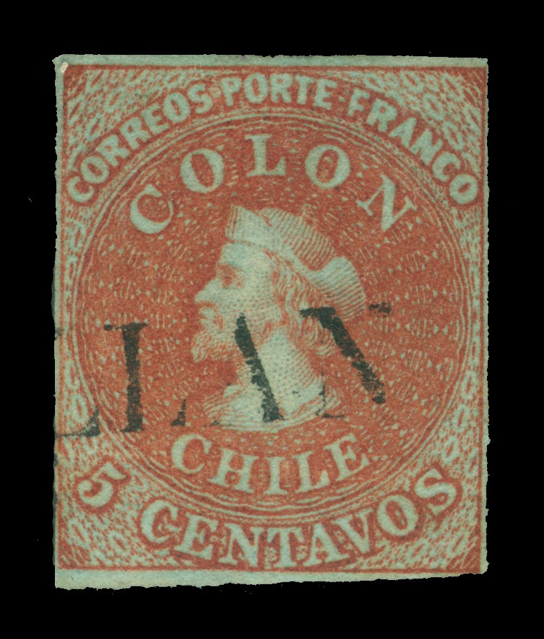 CHILE 1855 COLUMBUS Perkins Bacon 5c brown red Sc# 8 used VF "CHILAN" pmk