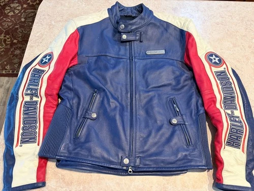 Harley Davidson Rapid City Leather Biker Jacket Red White Blue Star XL Mens - product listing photo
