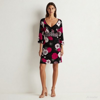 Boho Knee Length Dress Black Pink Floral Jersey Wrap V-Neck Sleeve Tie S