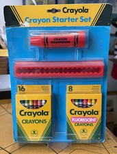 Vintage 1987 Crayola Crayon Starter Set Sharpener Fluorescents Color Holder