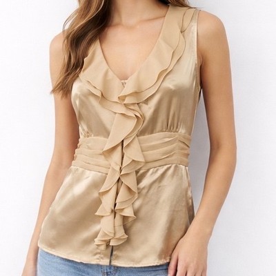 Apostrophe Gold Satin Ruffle V-Neck Sleeveless Blouse Empire Waist XL Y2K