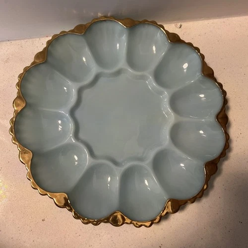 VINTAGE ANCHOR HOCKING - DELPHITE BLUE DEVILED EGG PLATE W/ GOLD TRIM - 10 INCH