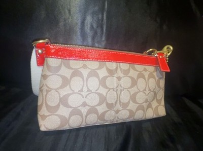 Coach Signature Logo Shoulder Bag Beige/Red, Gold Hardware, Zip 