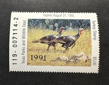 WTDstamps - 1991 TEXAS - Lot4 - State Wild Turkey Hunting Stamp - MNH