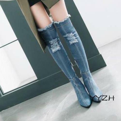 Womens Pointy Toe Heel Side Zip Denim 