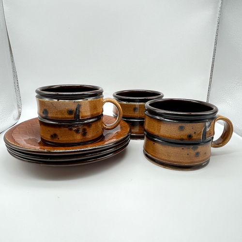 3 Vtg Baldelli Pottery Mug Cup & Saucer Sets Woven Basketweave Bamboo + Sugar - Picture 2 of 16