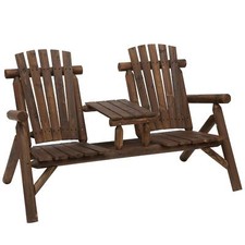 Image of Wood Patio Chair Bench 2 Seats for Outdoor with Center Coffee Table New
