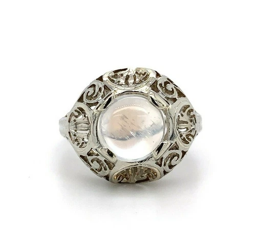 18k Gold Hand Pierced Filigree Genuine Natural Moonstone Ring Blue Flash #J5572