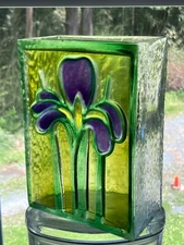 Vtg Art Glass Purple Iris on Green Glass Block Vase Crafted in Romania for FTD