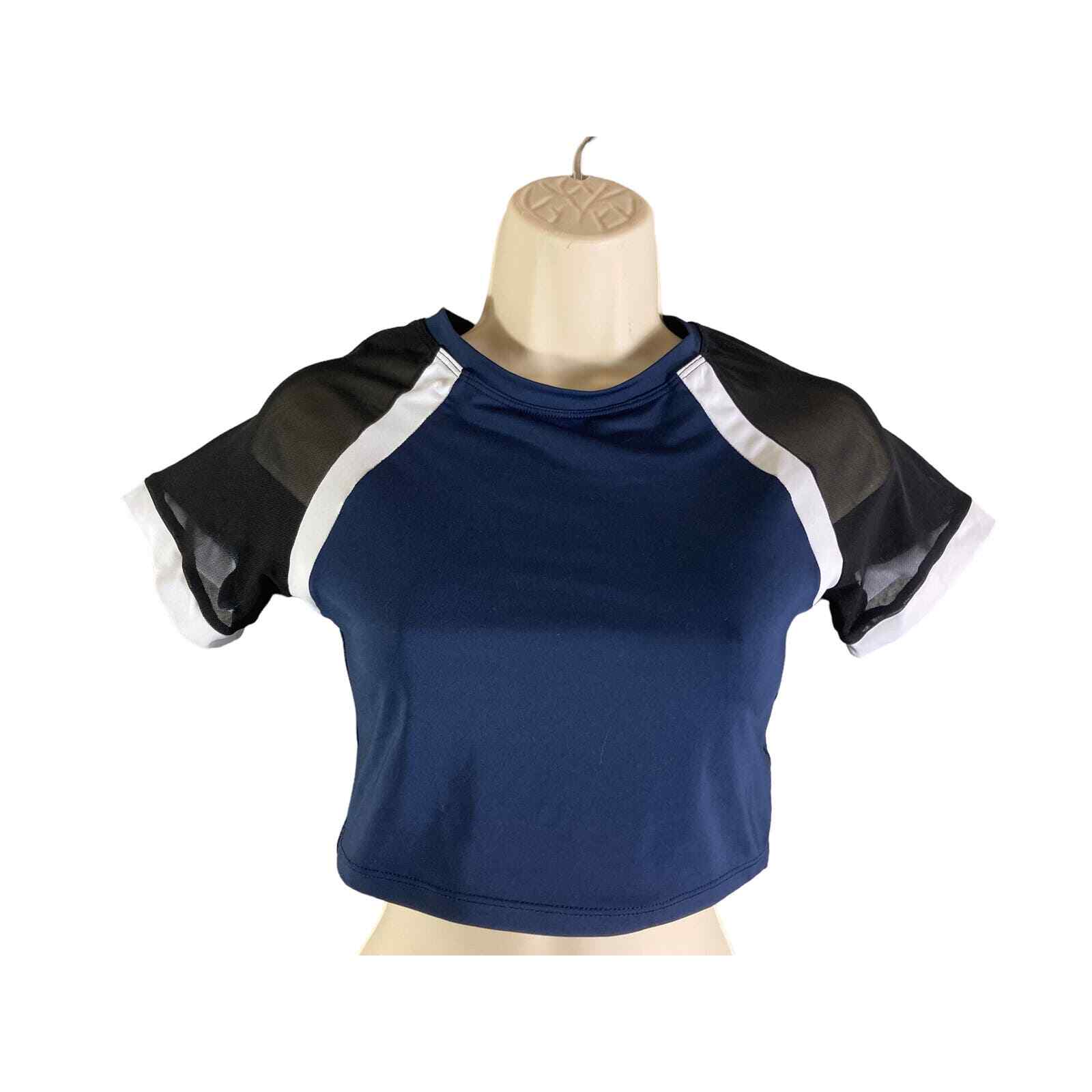 Crop Top Womens Cropped Short Sleeve Sexy Blue Black Size Medium Party Mesh-image