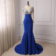 Royal Blue Evening Dresses Mermaid Long Sleeves Scoop Neck Sweep Train Prom Gown