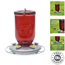 Rustic Red Mason Jar Hummingbird Feeder - 360-Degree Feeding  5 Flower Ports